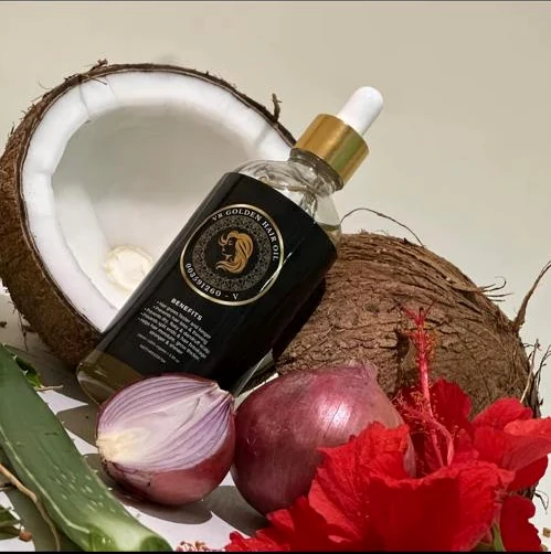 VR Golden Scalp Oil bottle with coconut and botanical ingredients